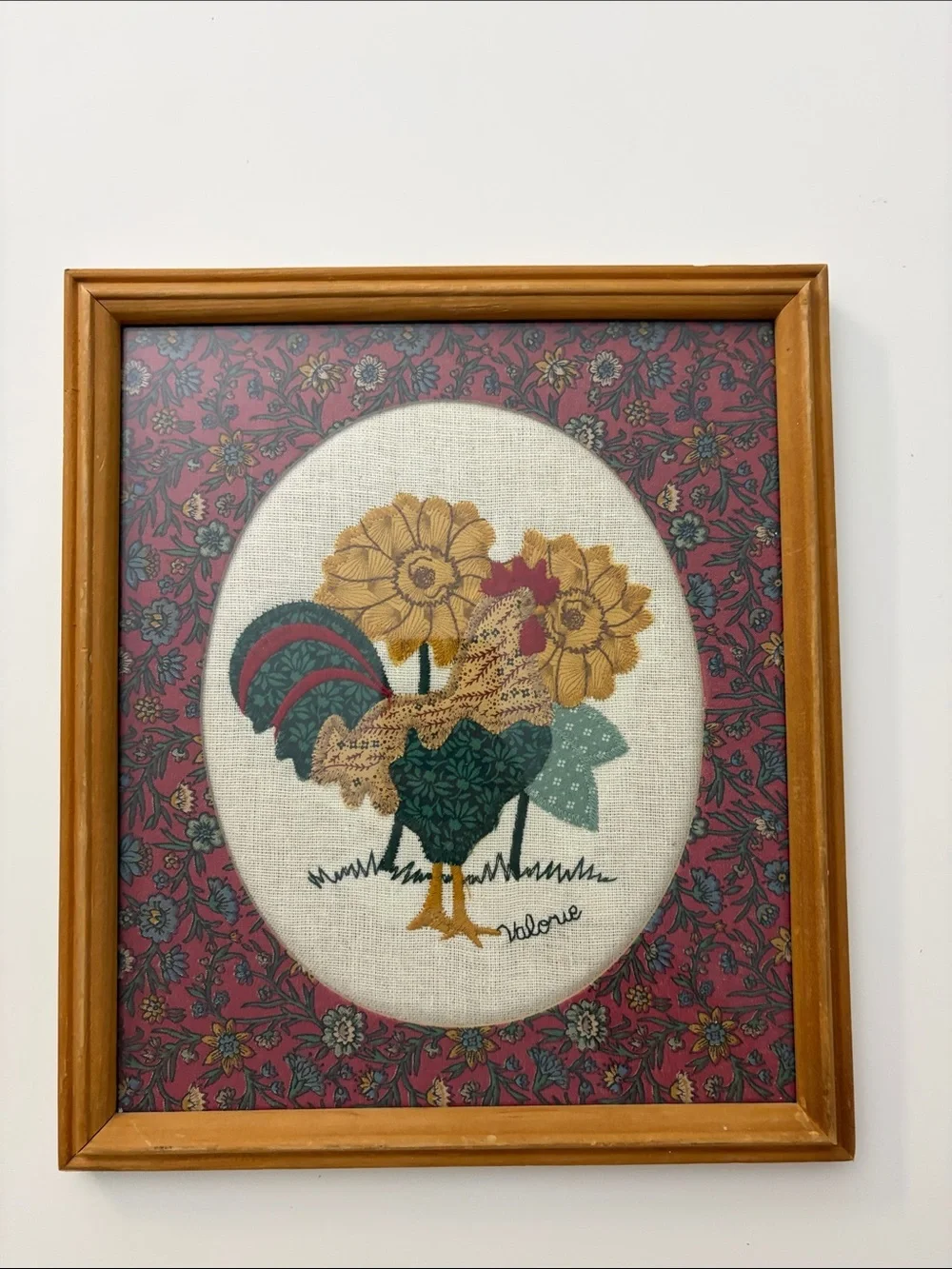 Vtg 1980s Valorie Folk Art Dimensional Applique Farmhouse Rooster Wood Frame